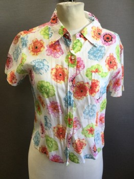 UNION BAY, White, Pink, Blue, Green, Yellow, Viscose, Rayon, Floral, Button Front, Collar Attached, Short Sleeves, 1 Pocket,