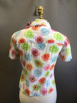 UNION BAY, White, Pink, Blue, Green, Yellow, Viscose, Rayon, Floral, Button Front, Collar Attached, Short Sleeves, 1 Pocket,