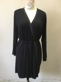 Womens, SPA Robe, ALFANI, Black, Solid, L, Satin Lapel, Open Front, Long Sleeves, Above Knee, Attached Self Belt