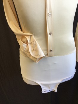 Mens, Shirt Disco, FOX 101, Peach Orange, Cream, Polyester, Solid, Text, 17, Collar Attached, Button Front, Long Sleeves, with Cream Leotard Bottom Attached, Snap Bottom, Gold Glitter "SWEET WATER ROLLERS" in the Back, Multiples,