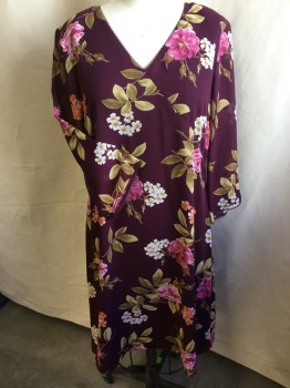 NORTON, Red Burgundy, Pink, Mauve Pink, Cream, Olive Green, Polyester, Floral, Over Lap V-neck, with Tiny Lace Trim, Loose Fit, 3/4 Sleeves with Matching Lace Trim, Zip Back, Burgundy Lining