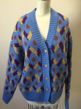 Childrens, Cardigan Sweater, ANIMALS OBSERVATORY, Blue, Purple, Tan Brown, Rust Orange, Wool, Zig-Zag , Dots, 12, 5 Wooden Buttons, Itchy Wool