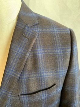 Mens, Sportcoat/Blazer, TALLIA, Chocolate Brown, Lt Brown, Dk Blue, Wool, Grid , 44S, Single Breasted, Collar Attached, Notched Lapel, 2 Buttons,  3 Pockets, Brown Oval Suede Elbow Patches