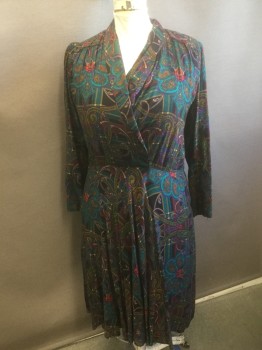 JUST IN THYME, Multi-color, Teal Blue, Black, Red, Ochre Brown-Yellow, Rayon, Paisley/Swirls, Plaid, Jewel Tone Multicolors Paisley on Plaid Background, Long Sleeves, Surplice Wrapped Neckline with Shawl Collar, A-Line Skirt, Knee Length