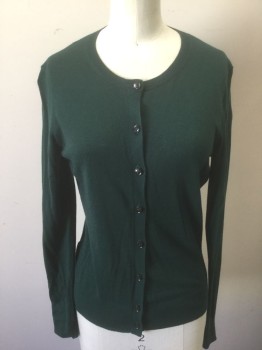 ANN TAYLOR, Forest Green, Cotton, Modal, Solid, Knit, 8  Buttons, Round Neck, Long Sleeves, Fitted