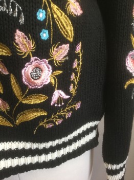 LEO & VIOLA, Black, White, Pink, Goldenrod Yellow, Turquoise Blue, Acrylic, Lurex, Floral, Black Thick Knit with Pastel Colorful Floral Embroidery Near Bottom & Sleeves, 2 White Stripes at Cuffs, Hem and V-neck, 4 Large Cream/Brown Tortoise Shell Buttons
