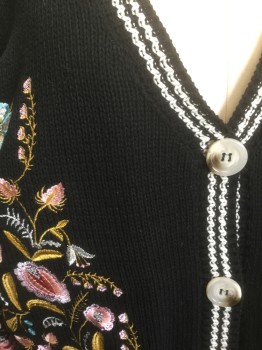 LEO & VIOLA, Black, White, Pink, Goldenrod Yellow, Turquoise Blue, Acrylic, Lurex, Floral, Black Thick Knit with Pastel Colorful Floral Embroidery Near Bottom & Sleeves, 2 White Stripes at Cuffs, Hem and V-neck, 4 Large Cream/Brown Tortoise Shell Buttons