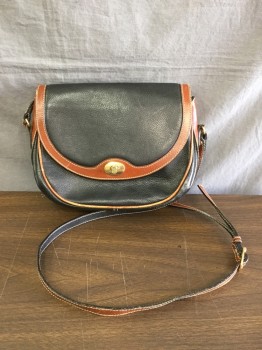 Womens, Purse, BALLY, Black, Brown, Leather, Shoulder Purse, Adjustable Strap, Pebbled Black with Brown Trim, Flap Closure with Gold Hardware