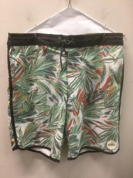 Mens, Swim Trunks, O'NEILL, Multi-color, White, Mint Green, Rust Orange, Yellow, Polyester, Cotton, Leaves/Vines , Abstract , W:34, White Background with Mint, Rust, Yellow Abstract Leaves, Dark Gray 1.5" Wide Waistband and Outseam Stripe, Dark Gray Cord at Center Front Waist