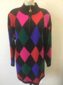CLASSIQUES ENTIER, Black, Red, Fuchsia Pink, Forest Green, Royal Blue, Wool, Diamonds, Pullover, Knit, L/S, Mock Neck, Half Zip Closure at Neck with Gold and Black Zipper Pull, Oversized Fit