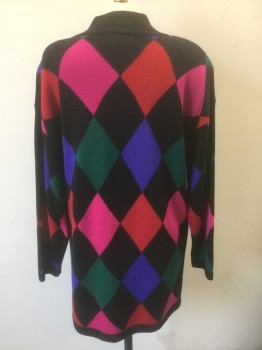 CLASSIQUES ENTIER, Black, Red, Fuchsia Pink, Forest Green, Royal Blue, Wool, Diamonds, Pullover, Knit, L/S, Mock Neck, Half Zip Closure at Neck with Gold and Black Zipper Pull, Oversized Fit