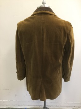 Mens, Coat, OAKBROOK, Caramel Brown, Cotton, Acrylic, Solid, Ch 42, Corduroy, 3 Buttons,  Collar Attached with Brown Knit Interior, 3 Buttons (1 Missing),  4 Pockets, Button Tab Detail at Cuff