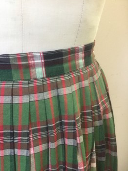 Womens, Skirt, N/L, Green, Brick Red, Black, White, Red, Cotton, Plaid, W:24, 1" Wide Waistband, Pleated, Mid Calf Length, A-Line