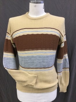 NL, Khaki Brown, Brown, Gray, Cream, Acrylic, Stripes, Horizontal Color Blocked, Lace Knit Texture, Crew Neck, Long Sleeves,
