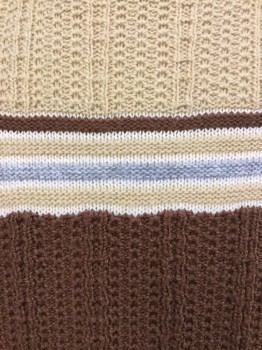 Mens, Sweater, NL, Khaki Brown, Brown, Gray, Cream, Acrylic, Stripes, M, Horizontal Color Blocked, Lace Knit Texture, Crew Neck, Long Sleeves,