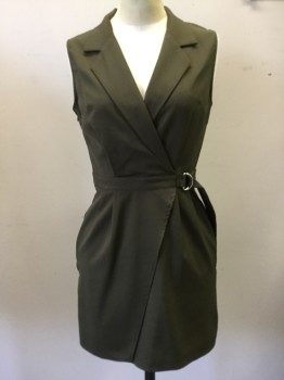 Womens, Dress, Sleeveless, MISS GUIDED, Dk Olive Grn, Polyester, Solid, 8, Surplice Top, Collar Attached, Pleated Faux Wrap Skirt, 2 Pockets, Attached Side Belt