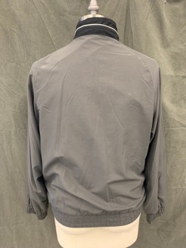 Mens, Casual Jacket, FRATTA, Warm Gray, Solid, L, Zip Front, Solid Black Stand Collar with White Piping, Raglan Long Sleeves, 2 Pockets, Elastic Waistband/Cuff
