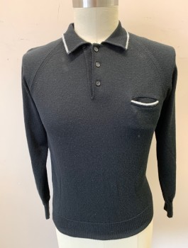 BOTANY 500, Black, Lt Gray, Acrylic, Solid, Knit, Light Gray Accents, Pullover with Collar (Like a Polo Shirt), Long Sleeves, 3 Button Placket, 1 Welt Pocket,