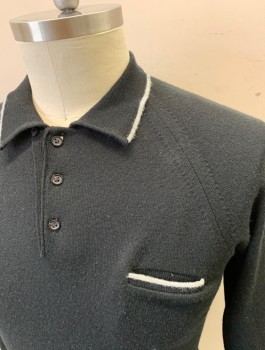 BOTANY 500, Black, Lt Gray, Acrylic, Solid, Knit, Light Gray Accents, Pullover with Collar (Like a Polo Shirt), Long Sleeves, 3 Button Placket, 1 Welt Pocket,