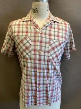 PENNLEIGH, Off White, Cherry Red, Gray, Cotton, Plaid, Short Sleeves, Button Front, Collar Attached, 2 Patch Pockets,