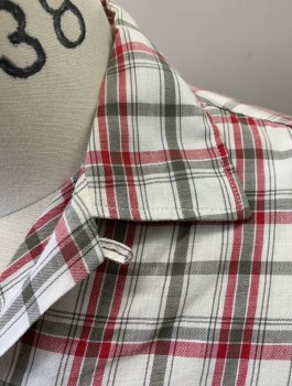 Mens, Casual Shirt, PENNLEIGH, Off White, Cherry Red, Gray, Cotton, Plaid, N:14.5, S, Short Sleeves, Button Front, Collar Attached, 2 Patch Pockets,
