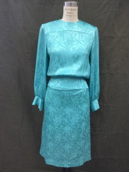 MTO, Aqua Blue, Polyester, Floral, Yoke Front/back, Gathered at Wide Curved Waistband, Blousy Long Sleeves, with Button Cuffs, Fabric Covered Button Back, Zip Large Waistband Back, Pleaterd Back