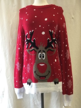 Womens, Pullover, REMEL, Red, White, Brown, Black, Acrylic, Cotton, Holiday, M, Crew Neck, Reindeer Graphic