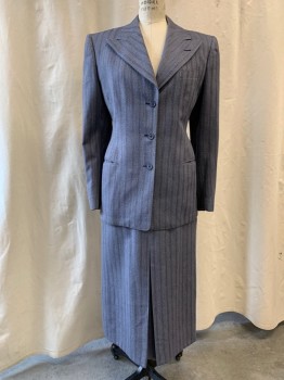 Womens, 1940s Vintage, Suit, Jacket, BERMAN'S, Blue-Gray, Gray, Dk Red, Wool, Stripes, Birds Eye Weave, W 26, B 36, Single Breasted, Collar Attached, Peaked Lapel, 3 Buttons,  3 Pockets,