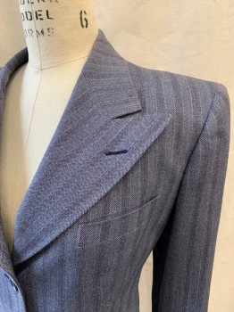 Womens, 1940s Vintage, Suit, Jacket, BERMAN'S, Blue-Gray, Gray, Dk Red, Wool, Stripes, Birds Eye Weave, W 26, B 36, Single Breasted, Collar Attached, Peaked Lapel, 3 Buttons,  3 Pockets,