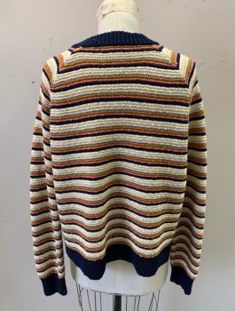 Womens, Pullover, MADEWELL, Navy Blue, White, Cream, Brown, Pink, Cotton, Stripes, S, Horizontal Ribbed Striped, Solid Navy Ribbed Knit V-neck/Waistband/Cuff