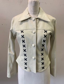 ANNA GABELLI, Cream, Black, Leather, Solid, Cream with Black X Shaped Stitching Stripes, 4 Self Covered Buttons, Collar Attached, Fitted, Y2K 00's