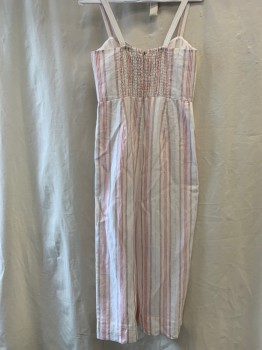Womens, Jumpsuit, REBECCA TAYLOR, White, Orange, Brown, Mint Green, Linen, Cotton, Stripes, 2, Sweetheart Neckline with Bow, Adjustable Shoulder Straps with Buttons, Shirred Back, Zip Back