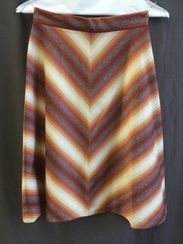 Womens, 1970s Vintage, Suit, Skirt, N/L, Dk Red, Orange, Lt Brown, Off White, Heather Gray, Polyester, Wool, Chevron, W:25, 9, 1.5" Waistband, Zip Back, with 1 Button