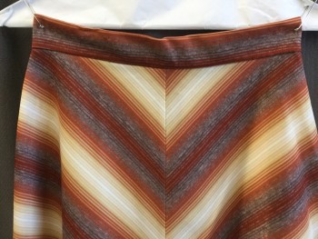 Womens, 1970s Vintage, Suit, Skirt, N/L, Dk Red, Orange, Lt Brown, Off White, Heather Gray, Polyester, Wool, Chevron, W:25, 9, 1.5" Waistband, Zip Back, with 1 Button