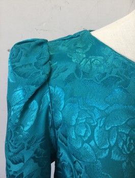 Womens, Cocktail Dress, JODY, Turquoise Blue, Polyester, Floral, Sz 3/4, B:34, Self Floral Satin, Long Sleeves, Scoop Neck, Puffy Sleeves Gathered at Shoulders, Elastic Waist, Knee Length,
