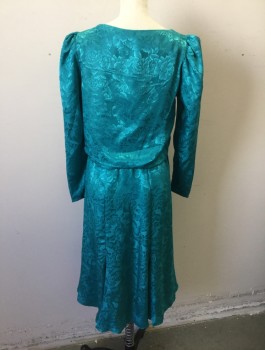 Womens, Cocktail Dress, JODY, Turquoise Blue, Polyester, Floral, Sz 3/4, B:34, Self Floral Satin, Long Sleeves, Scoop Neck, Puffy Sleeves Gathered at Shoulders, Elastic Waist, Knee Length,