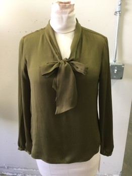 Womens, Top, LOFT, Olive Green, Polyester, Solid, S, Long Sleeves, Pull Over, Self Tie Neck
