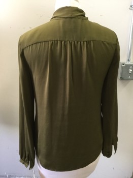 Womens, Top, LOFT, Olive Green, Polyester, Solid, S, Long Sleeves, Pull Over, Self Tie Neck