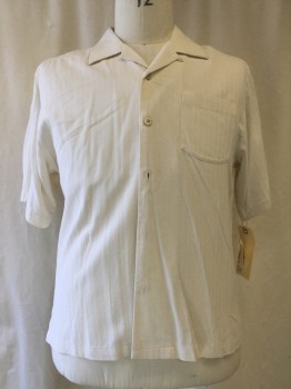 TOMMY BAHAMA, Ivory White, Silk, Solid, Button Front, Collar Attached, 1 Pocket, Textured Stripes