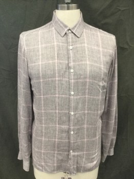 TOPMAN, Heather Gray, Lilac Purple, Viscose, Acrylic, Grid , Flannel, Button Front, Collar Attached, Long Sleeves, Button Cuff