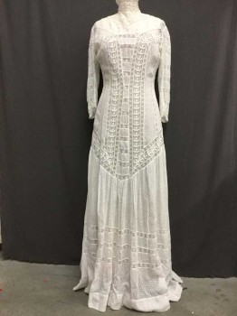 White, Cotton, Floral, Polka Dots, Swiss Dot, Stand Collar with Stays, Long Sleeves, Full Length Over Dress. Lace Inserts Front/Back and Sleeves. Very Good Shape. Hook & Eyes Close In Back, Some Need Reattaching,