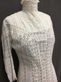White, Cotton, Floral, Polka Dots, Swiss Dot, Stand Collar with Stays, Long Sleeves, Full Length Over Dress. Lace Inserts Front/Back and Sleeves. Very Good Shape. Hook & Eyes Close In Back, Some Need Reattaching,