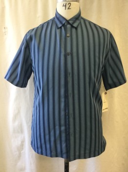 JOHN HENRY, Blue, Navy Blue, Polyester, Stripes - Vertical , Button Front, Collar Attached, Short Sleeves,