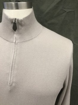 Mens, Pullover Sweater, BLOOMINGDALE'S, Putty/Khaki Gray, Cotton, Cashmere, Solid, M, Pullover, 1/2 Zip Front, Stand Collar, Ribbed Knit Collar/Cuff/Waistband