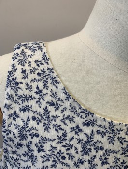POLO RALPH LAUREN, White, Navy Blue, Cotton, Floral, Busy/Tiny Flowers Pattern, Sleeveless, Round Neck,  Gathered at Waist, Sun Dress, Buttons at Center Back