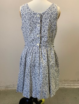 POLO RALPH LAUREN, White, Navy Blue, Cotton, Floral, Busy/Tiny Flowers Pattern, Sleeveless, Round Neck,  Gathered at Waist, Sun Dress, Buttons at Center Back