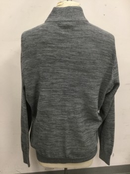 Mens, Pullover Sweater, SOCIETY OF ONE, Heather Gray, Cotton, Stripes - Static , 2XL, Snap/Zip 1/2 Front, Ribbed Knit Stand Collar, Long Sleeves, Ribbed Knit Waistband/Cuff