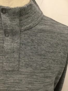 Mens, Pullover Sweater, SOCIETY OF ONE, Heather Gray, Cotton, Stripes - Static , 2XL, Snap/Zip 1/2 Front, Ribbed Knit Stand Collar, Long Sleeves, Ribbed Knit Waistband/Cuff