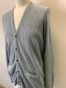 GEOFFREY BEENE, Gray, Acrylic, Solid, Knit, Cardigan, V-neck, Long Sleeves, Button Front, 2 Welt Pocket, Gray Laurel Wreath Logo Embroidered on Chest, 1980's Does 1960's Retro