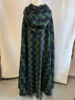 Womens, Sci-Fi/Fantasy Cape, MTO, Black, Green, Wool, Synthetic, Textured Fabric, OS, Green & Black Abstract Embroidery, Hood, Satin Ribbon At Neck, Floor Length Hem